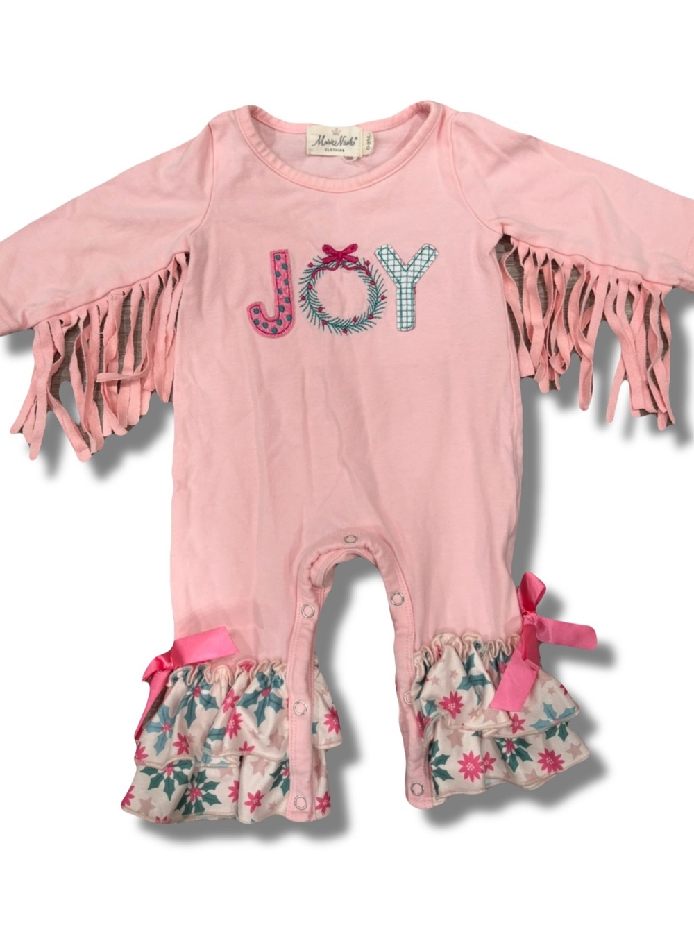 Marie Nicole Girls O-3M Pink JOY Christmas
Floral Knit Romper Fringe Ruffle
